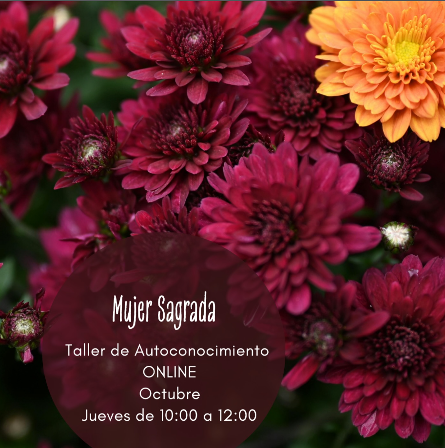 Afiche floral de Mujer Sagrada, taller online de autoconocimiento en octubre