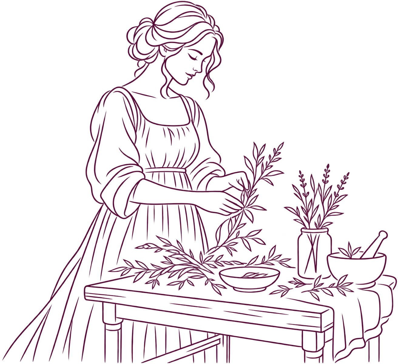 Dibujo de trazo de una mujer con vestido trabajando con hierbas medicinales